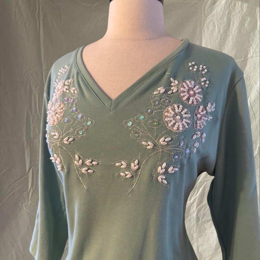 Vintage 90s Sage Green Beaded Floral Fairycore Top